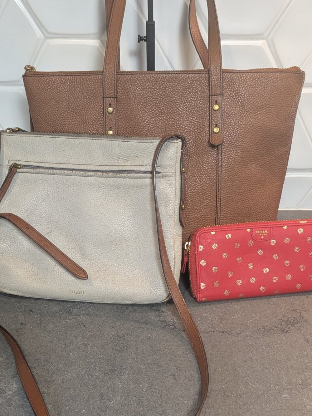 Fossil Leather Bundle Brown Tote Bag, Grey Crossbody, Red Wallet Women's Lot